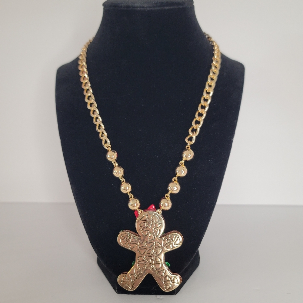 Betsey Johnson Gingerbread Girl Necklace & Earrings w/ red & green rhinestones - Picture 7 of 13